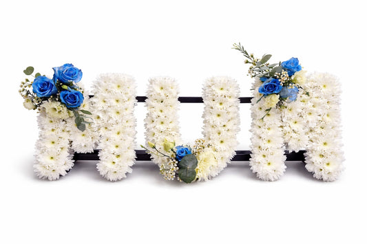 Mum white and blue funeral letter tribute