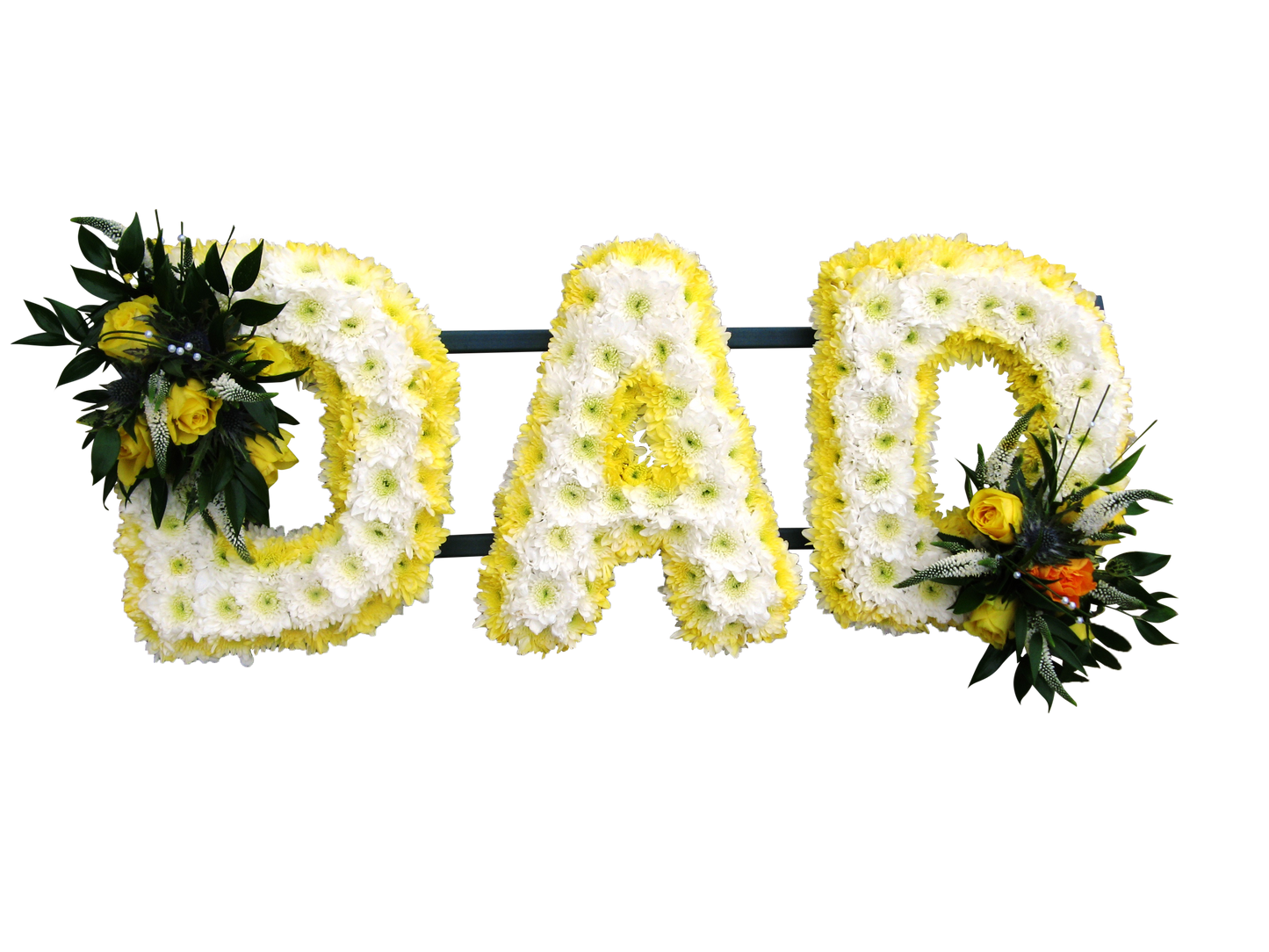 Yellow and white Dad funeral flower letter tribute