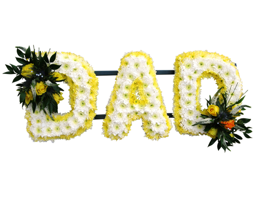 Yellow and white Dad funeral flower letter tribute