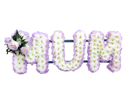 Purple and white funeral flower letter tribute