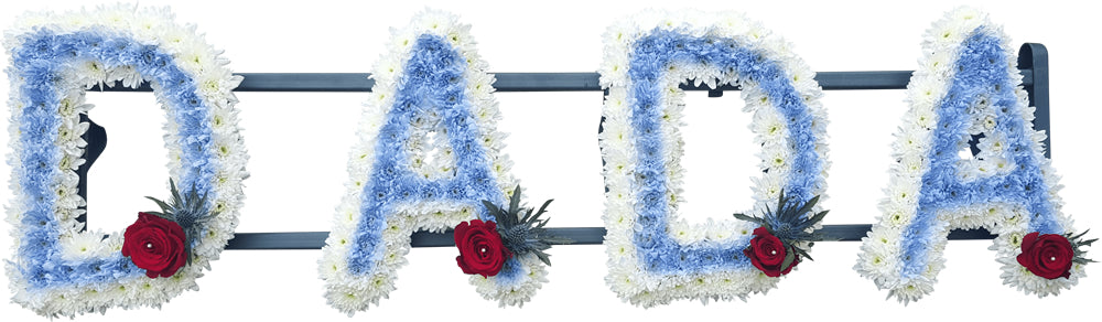 ​DADA Floral Tribute: Classic white chrysanthemum base with soft blue edging and striking red rose accents. A beautiful, personalized memorial piece